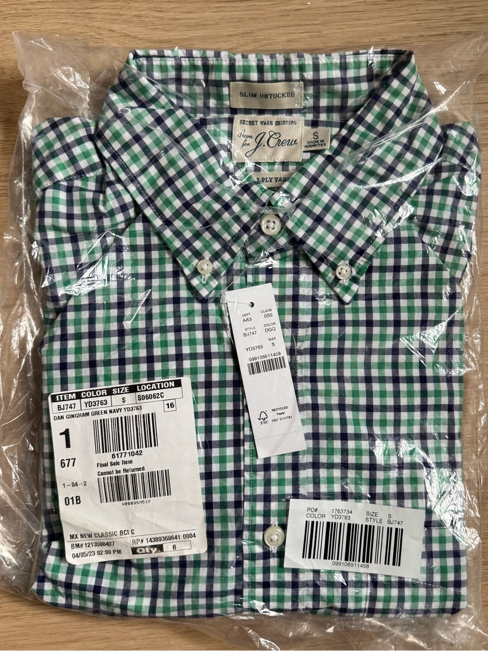 J. CREW | Gingham Slim Untucked Blue Green 2 Ply Yarn Cotton Button Collar Shirt